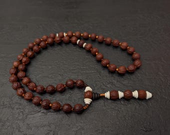 Bodhi Walnut Mala Necklace 54 Prayer Beads, Natural Monkey Head Seed Knotted
