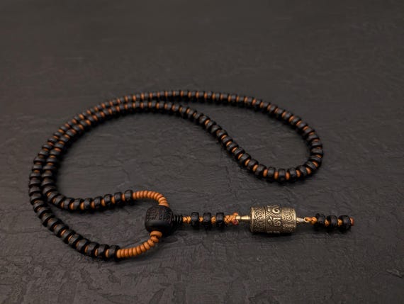 Tibetan Mala Necklace: 108 Prayer Beads with Rotating Prayer Wheel
