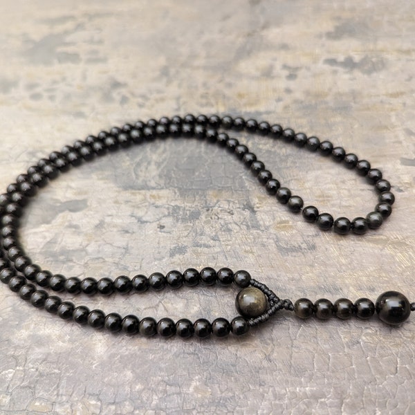 Obsidian Mala necklace rosary 108 Meditation prayer beads, Buddhist yoga Japa, natural black gemstone