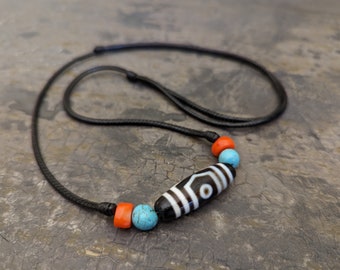 Collana con ciondolo a forma di perlina dzi a 3 occhi, agata tibetana naturale e autentica, amuleto e talismano