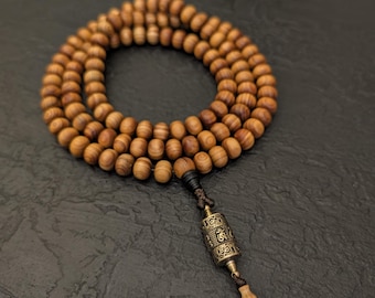 Tibetan Juniper Mala Necklace: 108 Prayer Beads Om Mani Padme Hum Prayer Wheel Pendant