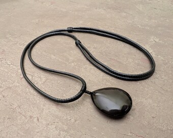Black rainbow obsidian pendant necklace teardrop, energy shield protection genuine natural gemstone