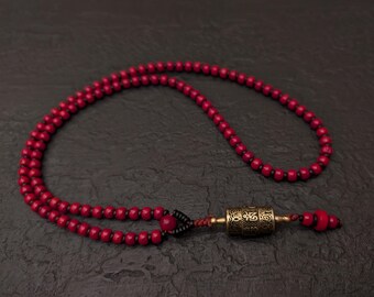 Red Coral Mala Necklace Rosary 108 Beads and Tibetan Prayer Wheel Pendant