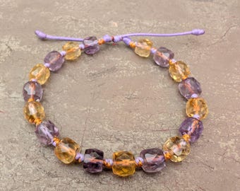 Amethyst and Citrine Bracelet Faced Absolutely Natural Gemstone Beads Macrame