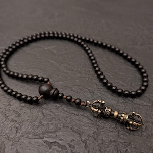 Vajra Mala Necklace: 108 Coconut Stem Wood Prayer Beads with Dorje Pendant