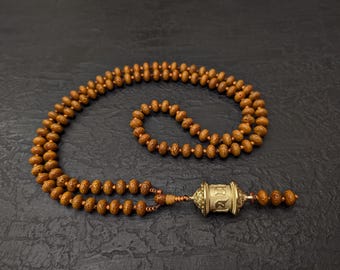 Bodhi Seed Mala Necklace: Tibetan Prayer Knotted Beads with Buddhist Rotating Wheel Pendant