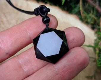 Acxico 2Pcs Natural Black Obsidian Pendant Necklaces Hexagram Amulet Talisman Jewelry 