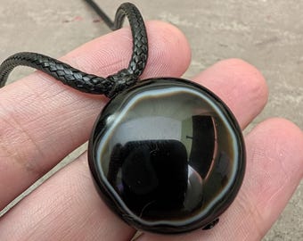 Natural Black Agate Pendant Necklace: Tibetan Dzi Eye Powerful Heronization Protection Amulet