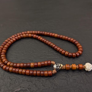 Skull yak bone mala necklace rosary 108 prayer beads, natural Tibetan vintage aged orange yak bone, silver Kali Shaman skull pendant