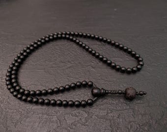 Ebony Wood Mala Necklace: 108 Meditation Prayer Beads with Om Mani Padme Hum