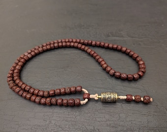 Rudraksha mala necklace rosary 108 prayer beads, natural vintage Nepalese seed and Tibetan Buddhist prayer wheel pendant Om Mani Padme Hum