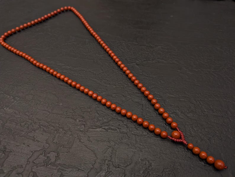 May include: A long necklace composed of numerous small, round, terracotta-colored beads strung together. The beads are uniform in size, except for a slightly larger bead positioned near the bottom, where the strand terminates in a short, dangling tail.