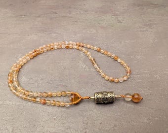 Citrine Mala Necklace Rosary 108 Beads and Tibetan Prayer Wheel Pendant