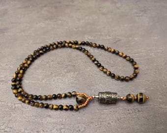 Tijgeroog Mala-ketting met 108 kralen en gebedsmolen Om Mani Padme Hum