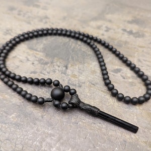Raw Black Tourmaline crystal pendant and Black Onyx Agate, necklace Mala 108 prayer beads natural genuine gemstone protection