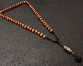 Tibetan Juniper Mala Necklace: 54 Beads, Prayer Wheel Pendant, Om Mani Padme Hum Mantra