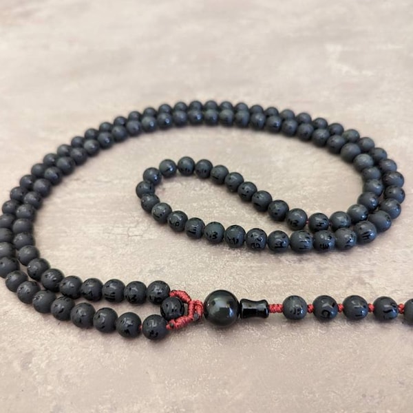 Black obsidian mala necklace rosary 108 prayer beads, natural genuine gemstone Om Mani Padme Hum mantra engraved