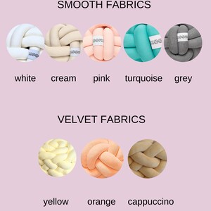 May include: Image showcasing various fabric samples in a range of colors. The top row displays smooth fabrics in white, cream, pink, turquoise, and grey. The bottom row features velvet fabrics in yellow, orange, and cappuccino. The text reads "SMOOTH FABRICS" and "VELVET FABRICS".