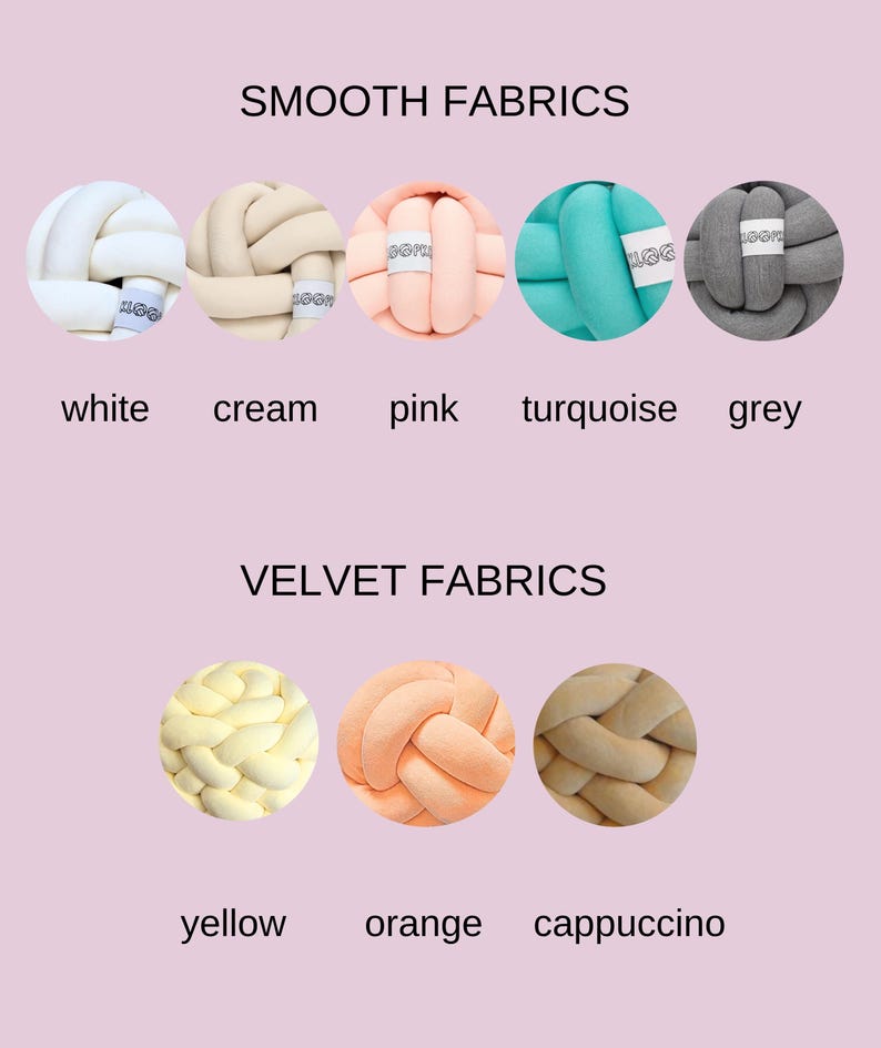 May include: Image showcasing various fabric samples in a range of colors. The top row displays smooth fabrics in white, cream, pink, turquoise, and grey. The bottom row features velvet fabrics in yellow, orange, and cappuccino. The text reads "SMOOTH FABRICS" and "VELVET FABRICS".