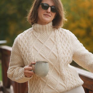 Hand-Knitted Cream Wool Sweater • 100% Wool Cable Knit Pullover • Chunky Knit Women’s Jumper • Cozy Winter Sweater • High Neck Wool Knit