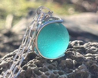 Genuine Sea Glass Marble Necklace, Sterling Silver Chain