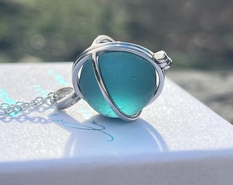 Sterling Silver Sea Glass Marble Pendant Necklace, Beach Jewelry