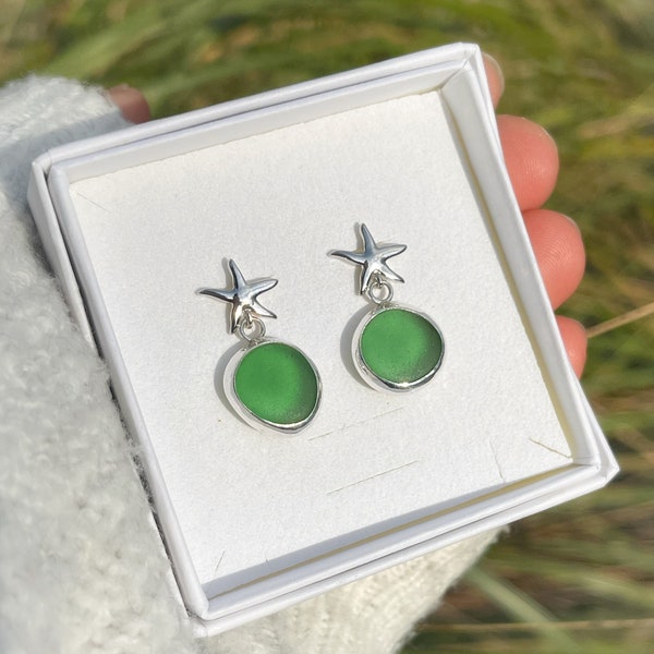 Silver Sea Star and Genuine Sea Glass Earrings, Silver Sea Star Earrings, Sea Glass Earrings, Starfish Earrings