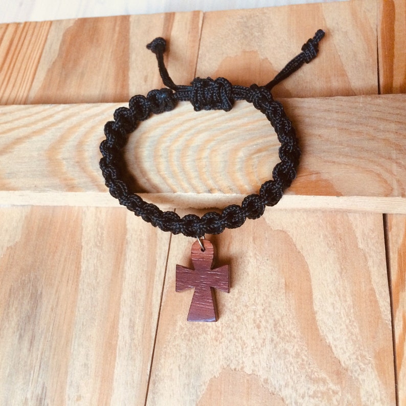 Macrame Bracelet Black with Brown Wooden Cross Charm Friendship Bracelet Macrame Bracelet Black with Brown Wooden Cross Charm Friendship