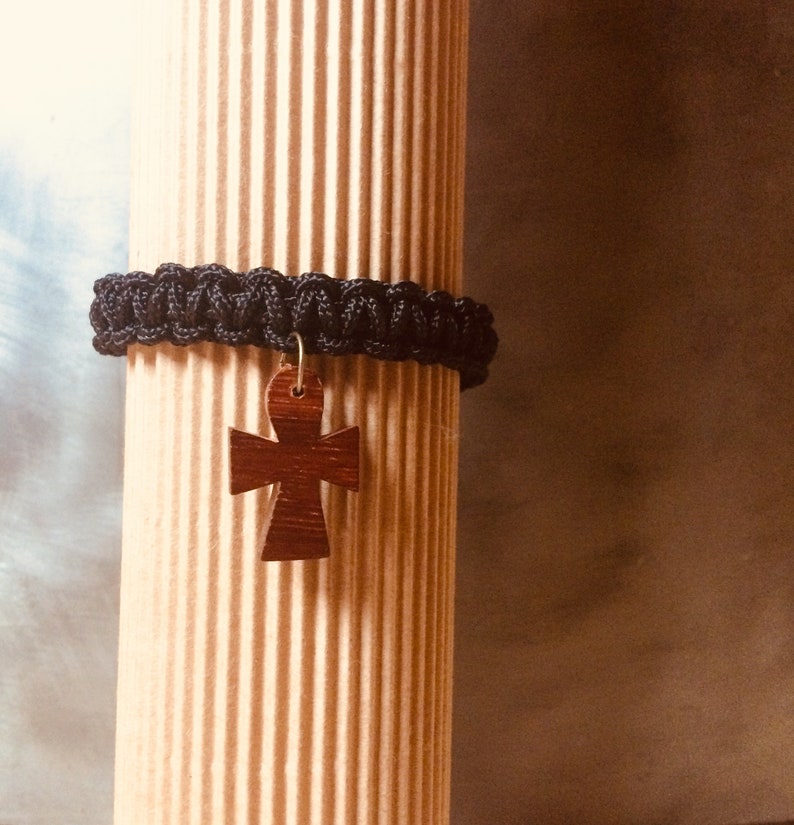 Macrame Bracelet Black with Brown Wooden Cross Charm Friendship Bracelet Macrame Bracelet Black with Brown Wooden Cross Charm Friendship