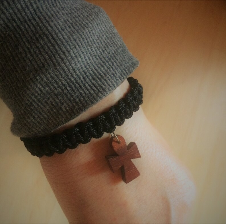 Macrame Bracelet Black with Brown Wooden Cross Charm Friendship Bracelet Macrame Bracelet Black with Brown Wooden Cross Charm Friendship