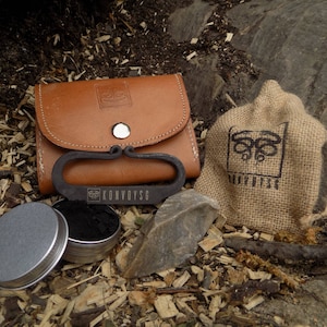 English Flint and Steel Fire Striker Traditional Hand Forged With Char Cloth, Emergency Tinder Jute Bag, and Leather Pouch Gift Kit