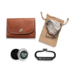 English Flint and Steel Fire Striker Traditional Hand Forged With Char Cloth, Emergency Tinder Jute Bag, and Leather Pouch Gift Kit