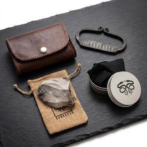 May include: A collection of survival gear including a brown leather wallet, a ferro rod with the text "KONYVQSG", a flint in a burlap sack, and a small tin with a snake logo. The items are arranged on a black surface.