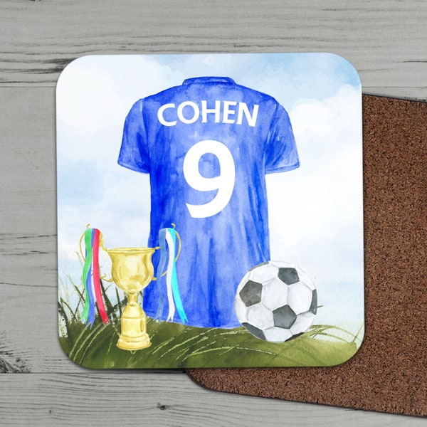 Personalised Football Shirt Drinks Coaster - Birthday Gift - Father's Day Gift - Christmas Gift - Blue Chelsea Leicester Everton  Rangers