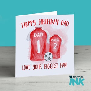 Personalised Football Birthday Card For Dad -  Happy Birthday Daddy Grandad - Football Shirt Card - Red & White - Arsenal