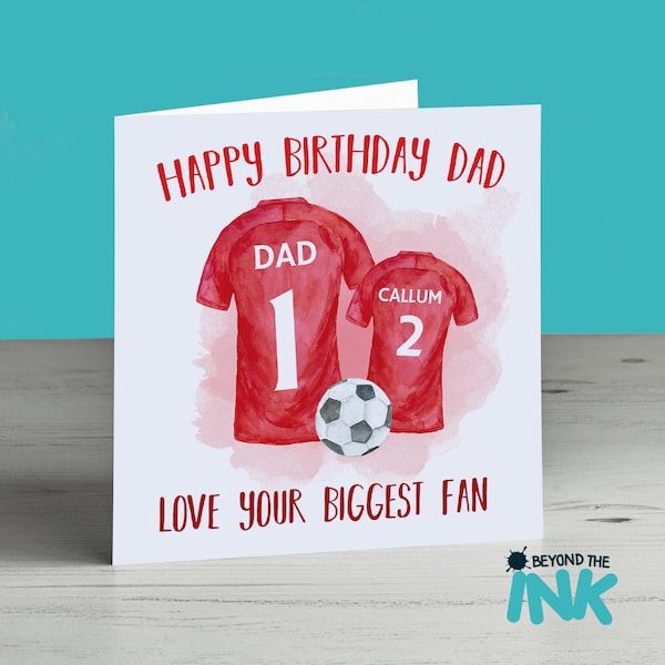 Carte d'anniversaire de football personnalisée pour papa - Joyeux anniversaire papa - Carte de maillot de football - Rouge Liverpool Manchester UTD Forrest Espagne