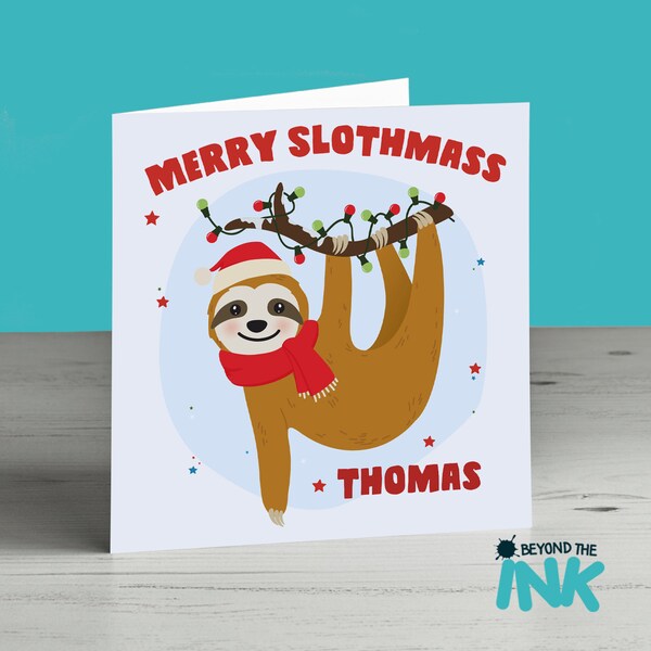 Personalised Christmas Card - Xmas Card - Children's Christmas Card Sloth Slothmass - For Son Daughter Cousin Friend Nephew Niece Grandchild