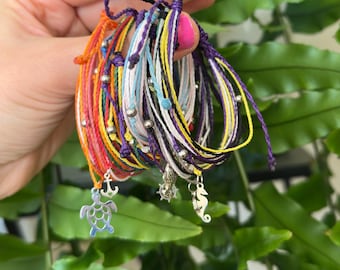 Custom LGBTQ+ pride string bracelet, waterproof waxed polyester and stainless steel ocean charms