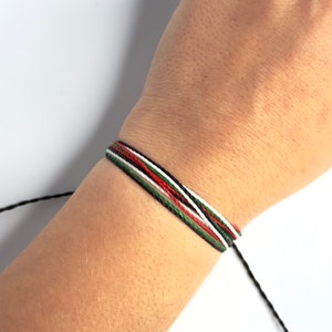 May include: A multi-colored friendship bracelet with black, white, red, and green threads. The bracelet is tied around a person's wrist.