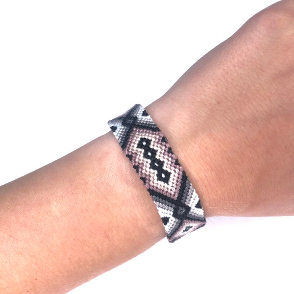 Friendship bracelet in neutral natural colors, shades of brown and grey aztec armband