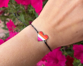 Lesbian pride bracelet with heart charm, subtle LGBT string armband, girl pride jewelry
