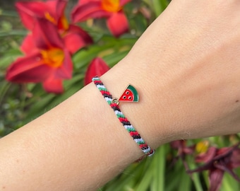 Handmade Palestine flag friendship bracelet with watermelon charm, Palestinian accessory for men or women