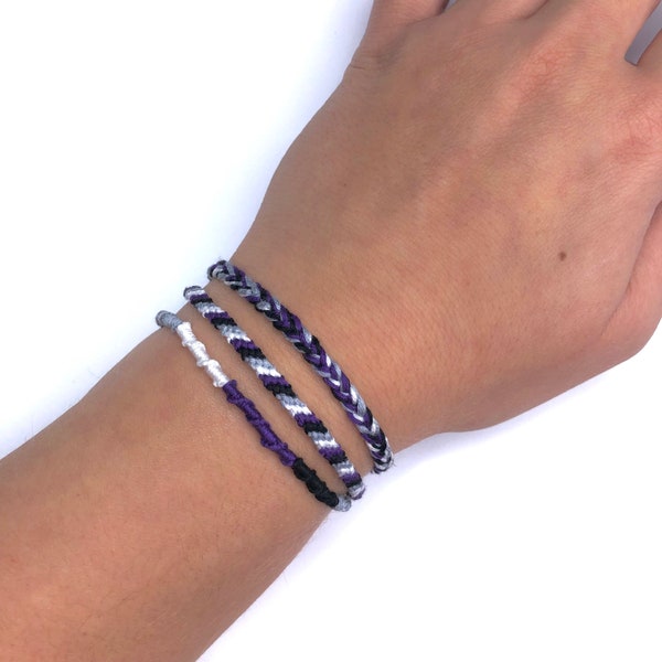 Set of 3 subtle asexual bracelets, ace  pride flag bracelet, black grey white purple armband, demisexual LGBTQ  jewelry, lgbt pride march