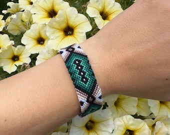 Handmade friendship bracelet in aztec style, green and brown hippie and boho wrist jewelry