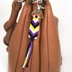 Handmade Non-binary pride keychain, subtle Enby flag accessory, handwoven cotton chevron keyring, pride Talisman for Visibility Authenticity