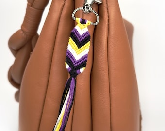 Handmade Non-binary pride keychain, subtle Enby flag accessory, handwoven cotton chevron keyring, pride Talisman for Visibility Authenticity