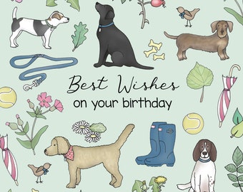 Ditsy - Birthday - Walkies! Dogs, Wellies, Flowers, Bird, Greeting Card by Emma Lawrence Designs. Blank inside for your own special message