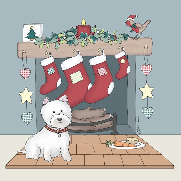 Christmas - Fireplace & Stockings! Stockings/ Westie / Coats / Christmas greeting card by Emma Lawrence Designs.