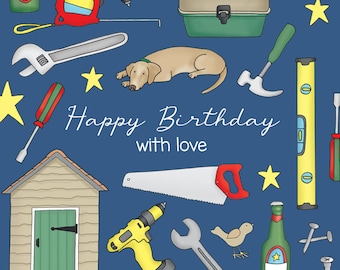 Ditsy - Birthday - Shed, Werkzeuge, Hund, Bier, Grußkarte von Emmawarepdesigns. Leer innen für Ihre eigene spezielle Nachricht