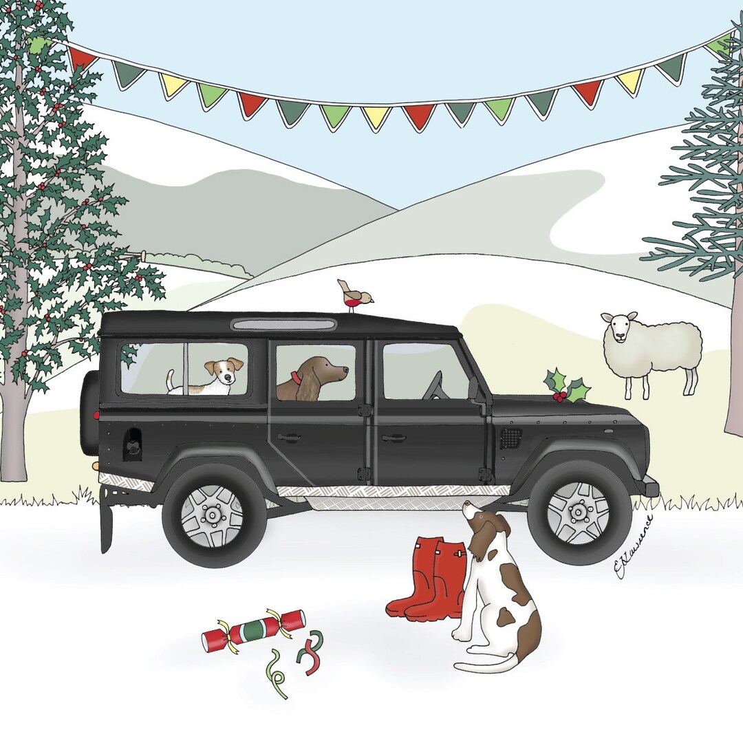 LANDROVER & Border Collie Dog Christmas Card